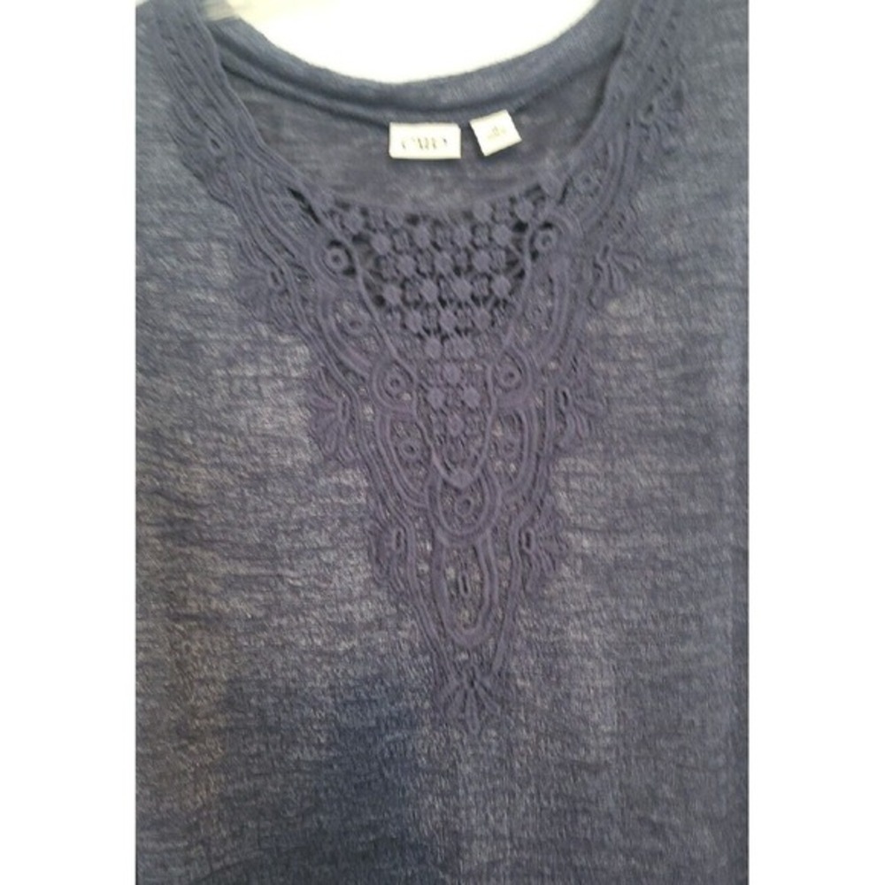 Women's Shirt by Cato Size X-L Blue, Cute Embroidered Neckline, Slanted Hem Line